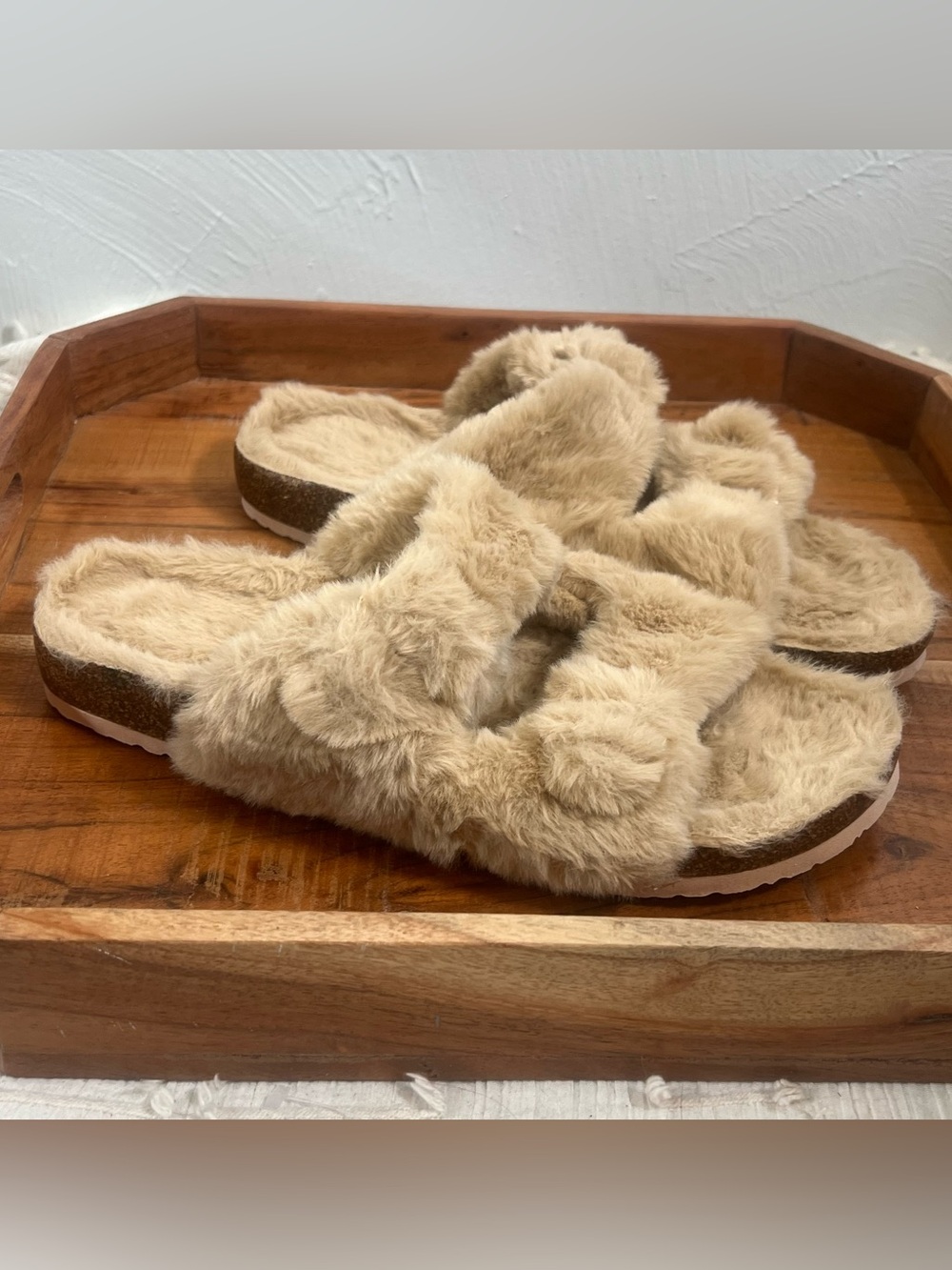 FITORY Open Toe Slipper Faux Rabbit Fur Cork Slide Sandals Size 10